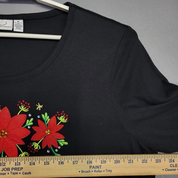 Kim Rogers Shirt Womens XL Black Long Sleeve Poinsettia Embroidered Christmas - Picture 8 of 12